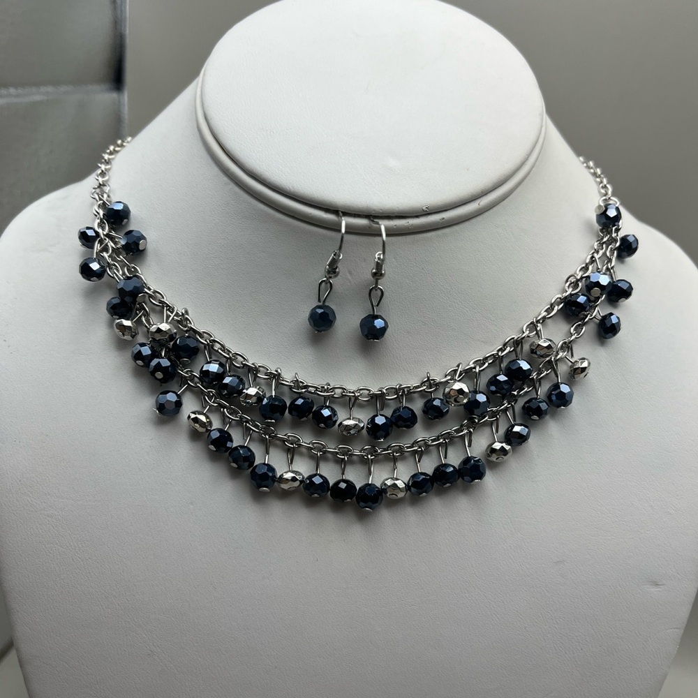 Elegant Silver and Blue Beaded Necklace Set